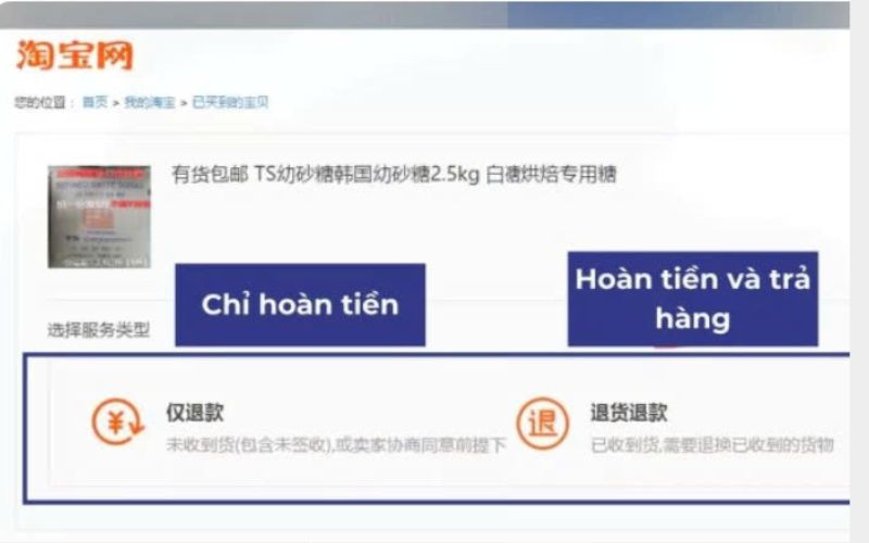chọn hình thức hoàn tiền Taobao